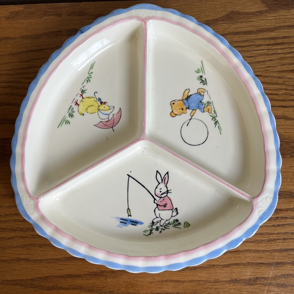 Vintage Divided‎ Child's Plate Ceramic Japan Baby Bunny Chick Bear Retro Cute